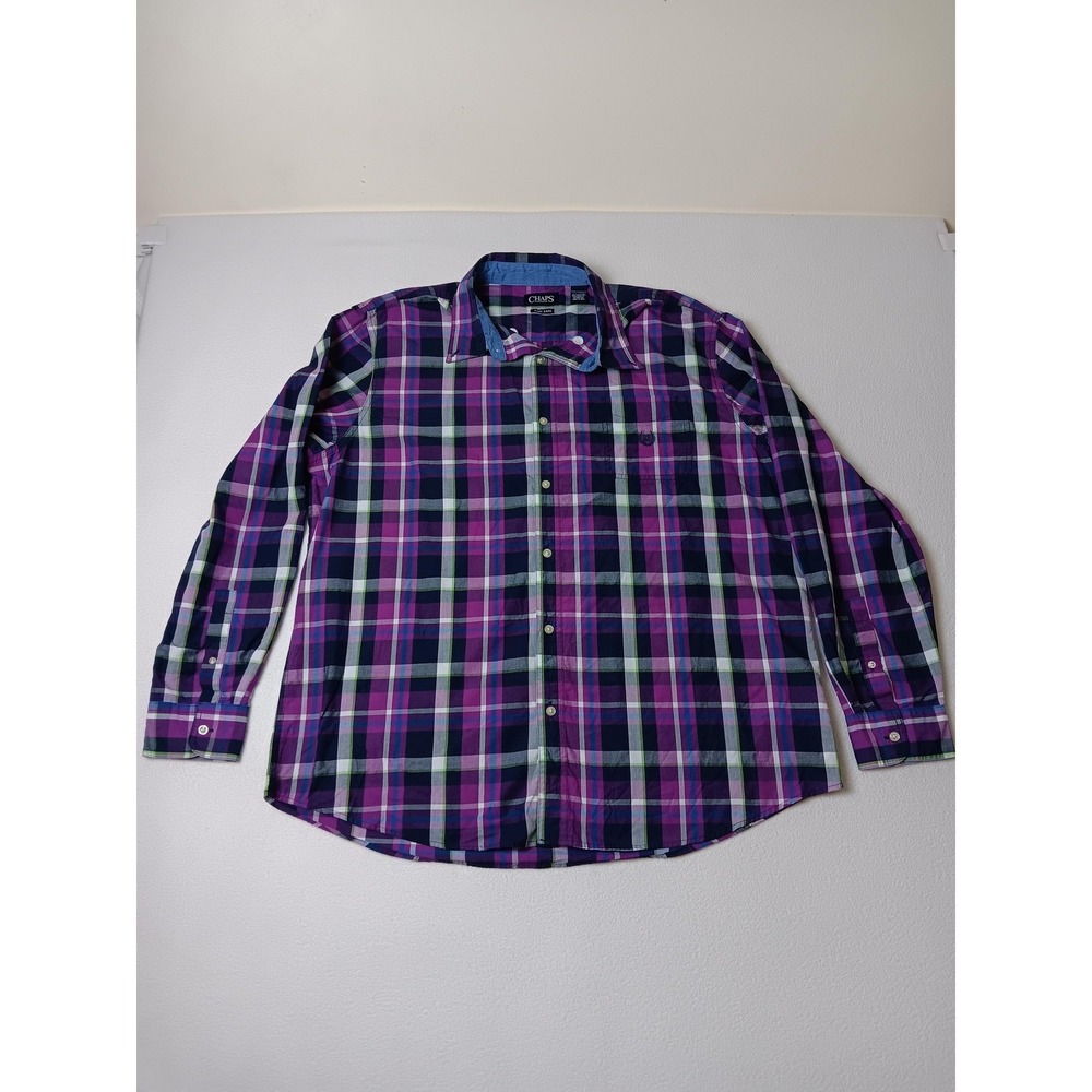 Chaps Shirt Mens 2XL Purple Plaid Long Sleeve Button‎ Up Collared Casual Pocket